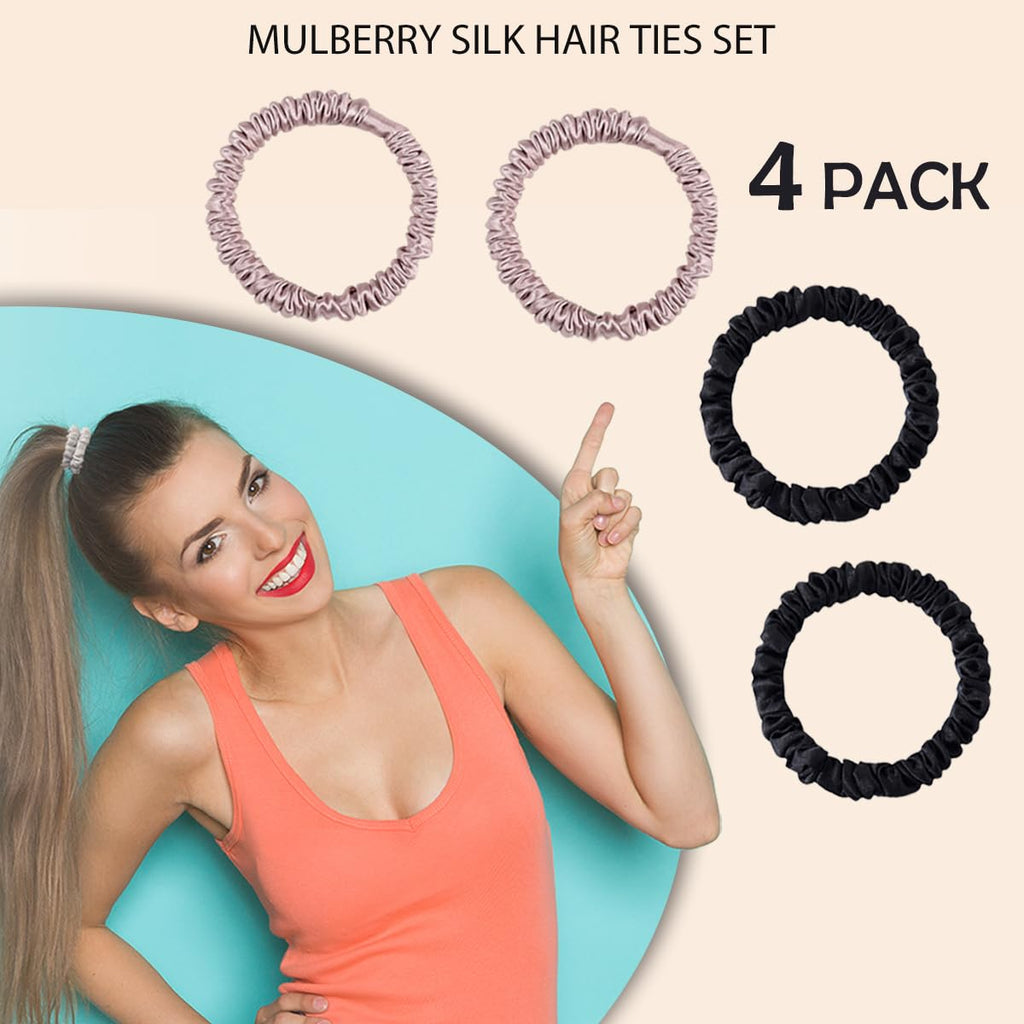Mulberry Silk Hair Ties 4 PCS, 100% Pure 22 Momme Mulberry Silk Hair Scrunchies for Women Sleep, Elastics Hair Care No Damage, (Champagne Gold*4)