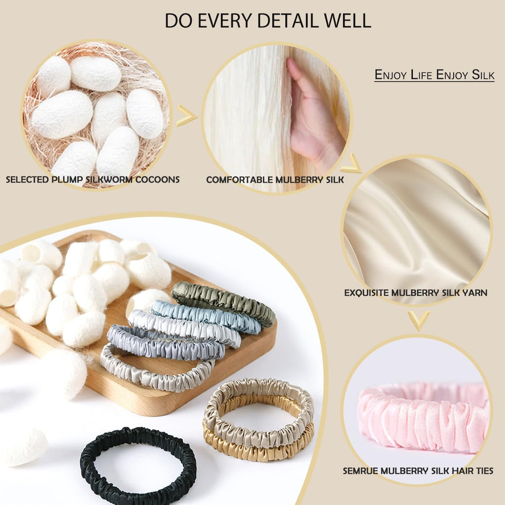 Mulberry Silk Hair Ties 4 PCS, 100% Pure 22 Momme Mulberry Silk Hair Scrunchies for Women Sleep, Elastics Hair Care No Damage, (Champagne Gold*4)