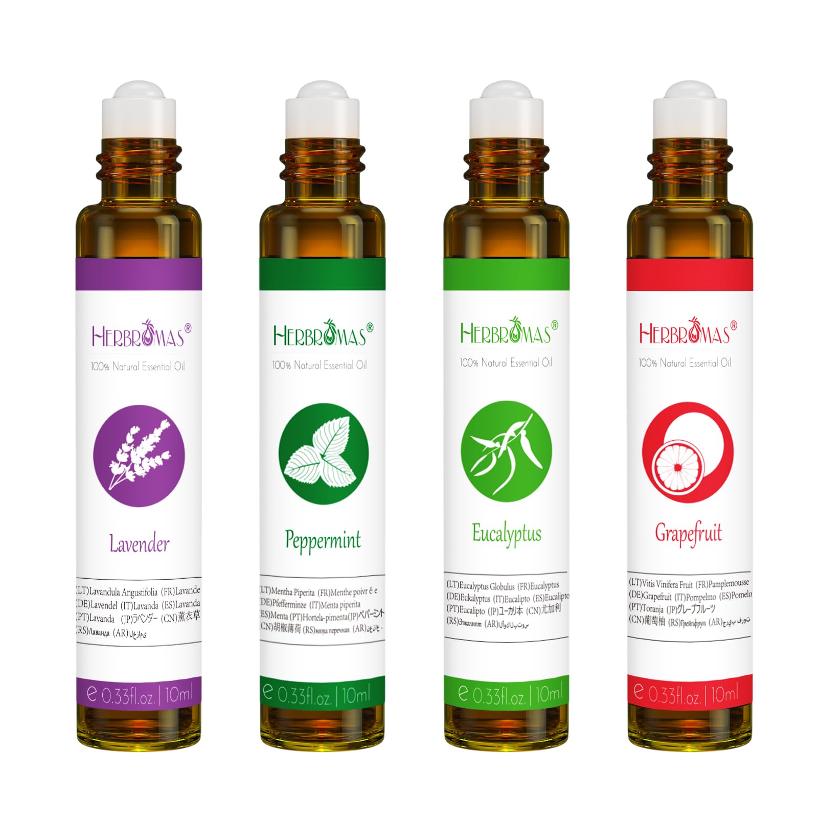 Essential Oil Roll On Set with Lavender, Peppermint, Eucalyptus & Grapefruit, Tea Tree & Vanila - Aromatherapy Relaxation Gift for Women - 6 Pack of 10ml Roll-Ons