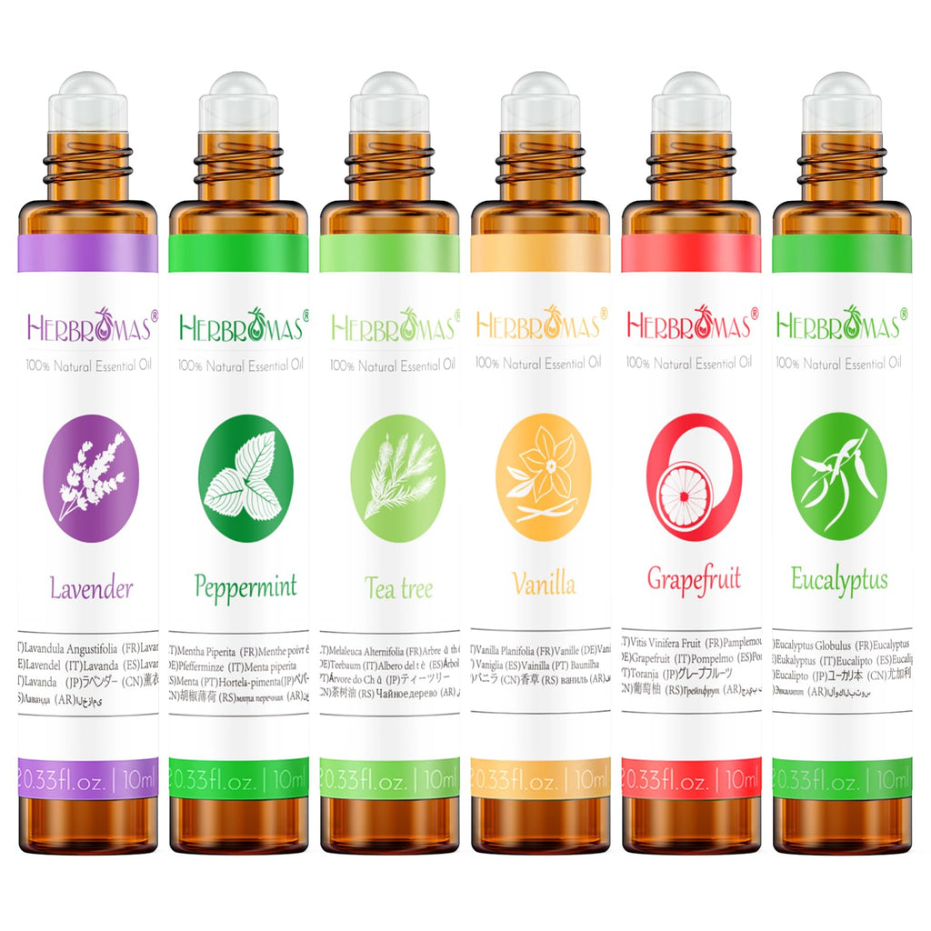 Essential Oil Roll On Set with Lavender, Peppermint, Eucalyptus & Grapefruit, Tea Tree & Vanila - Aromatherapy Relaxation Gift for Women - 6 Pack of 10ml Roll-Ons
