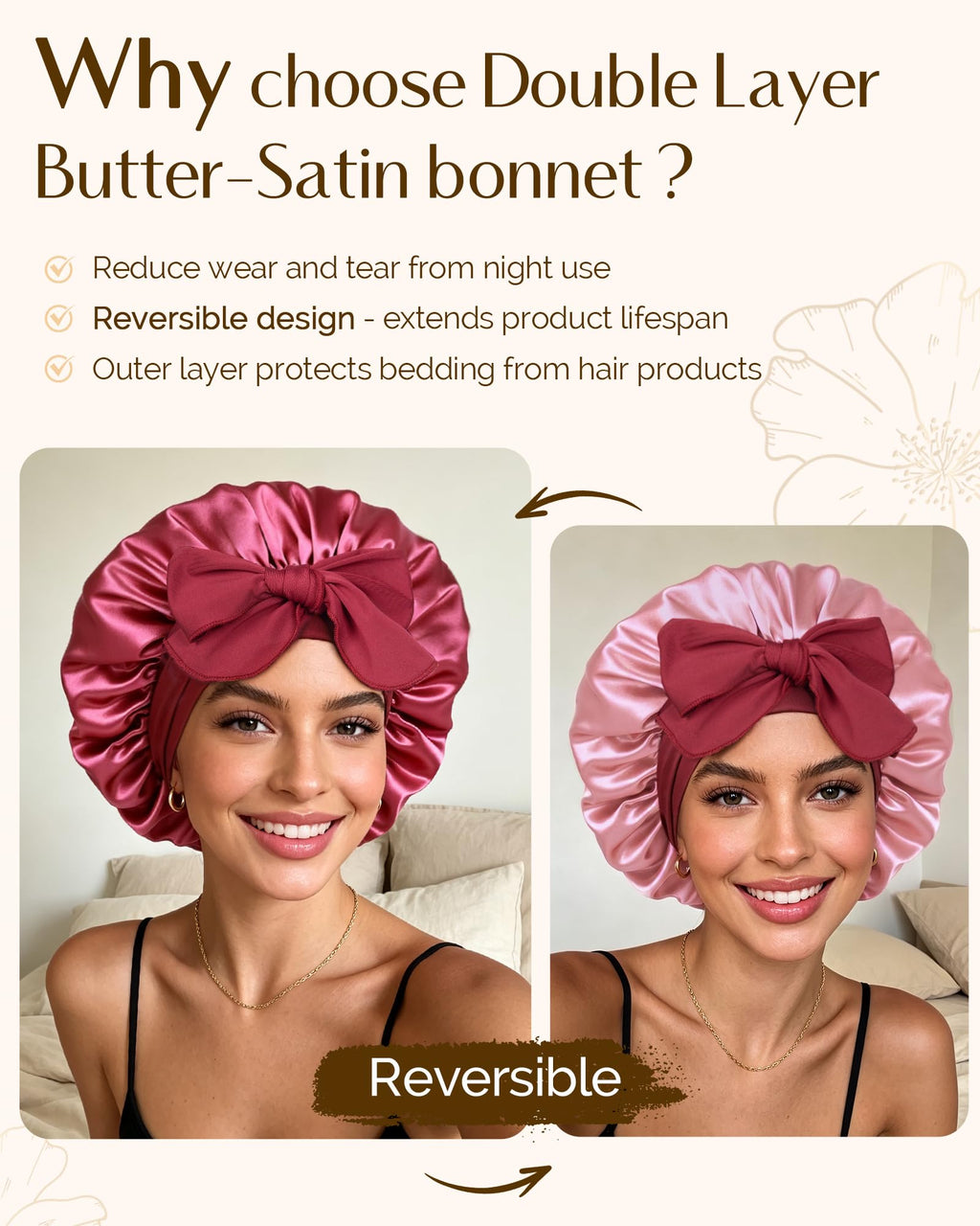 YANIBEST Adjustable Satin Bonnet for Sleeping Women Double Layer Hair Wrap Reduce Friction Prevent Frizz Natural Curly Hair