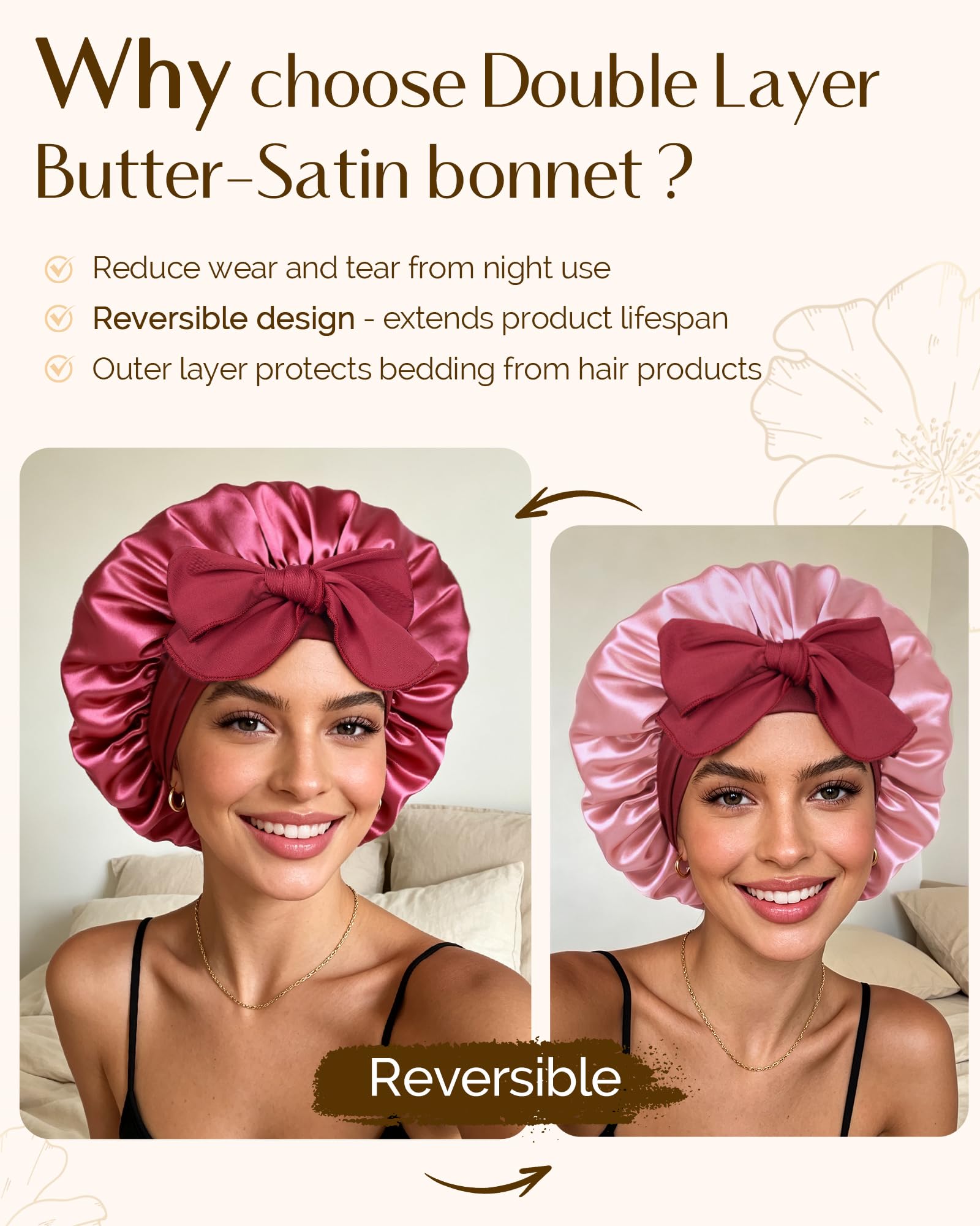 YANIBEST Adjustable Satin Bonnet for Sleeping Women Double Layer Hair Wrap Reduce Friction Prevent Frizz Natural Curly Hair