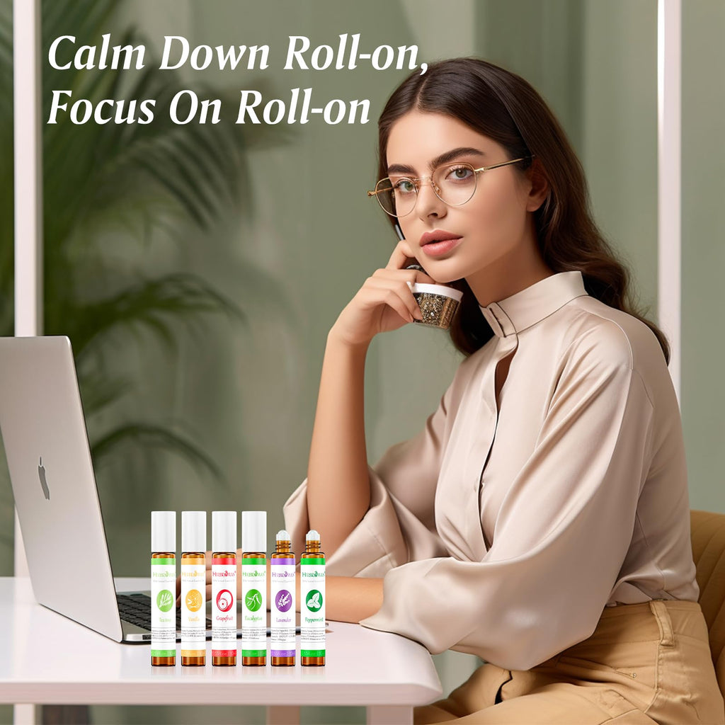 Essential Oil Roll On Set with Lavender, Peppermint, Eucalyptus & Grapefruit, Tea Tree & Vanila - Aromatherapy Relaxation Gift for Women - 6 Pack of 10ml Roll-Ons