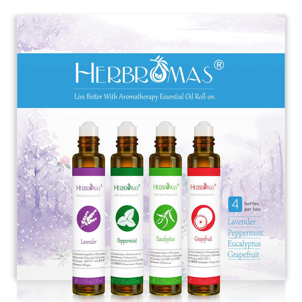 Essential Oil Roll On Set with Lavender, Peppermint, Eucalyptus & Grapefruit, Tea Tree & Vanila - Aromatherapy Relaxation Gift for Women - 6 Pack of 10ml Roll-Ons