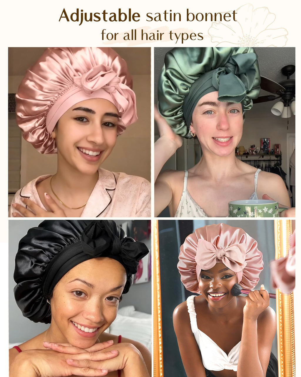 YANIBEST Adjustable Satin Bonnet for Sleeping Women Double Layer Hair Wrap Reduce Friction Prevent Frizz Natural Curly Hair
