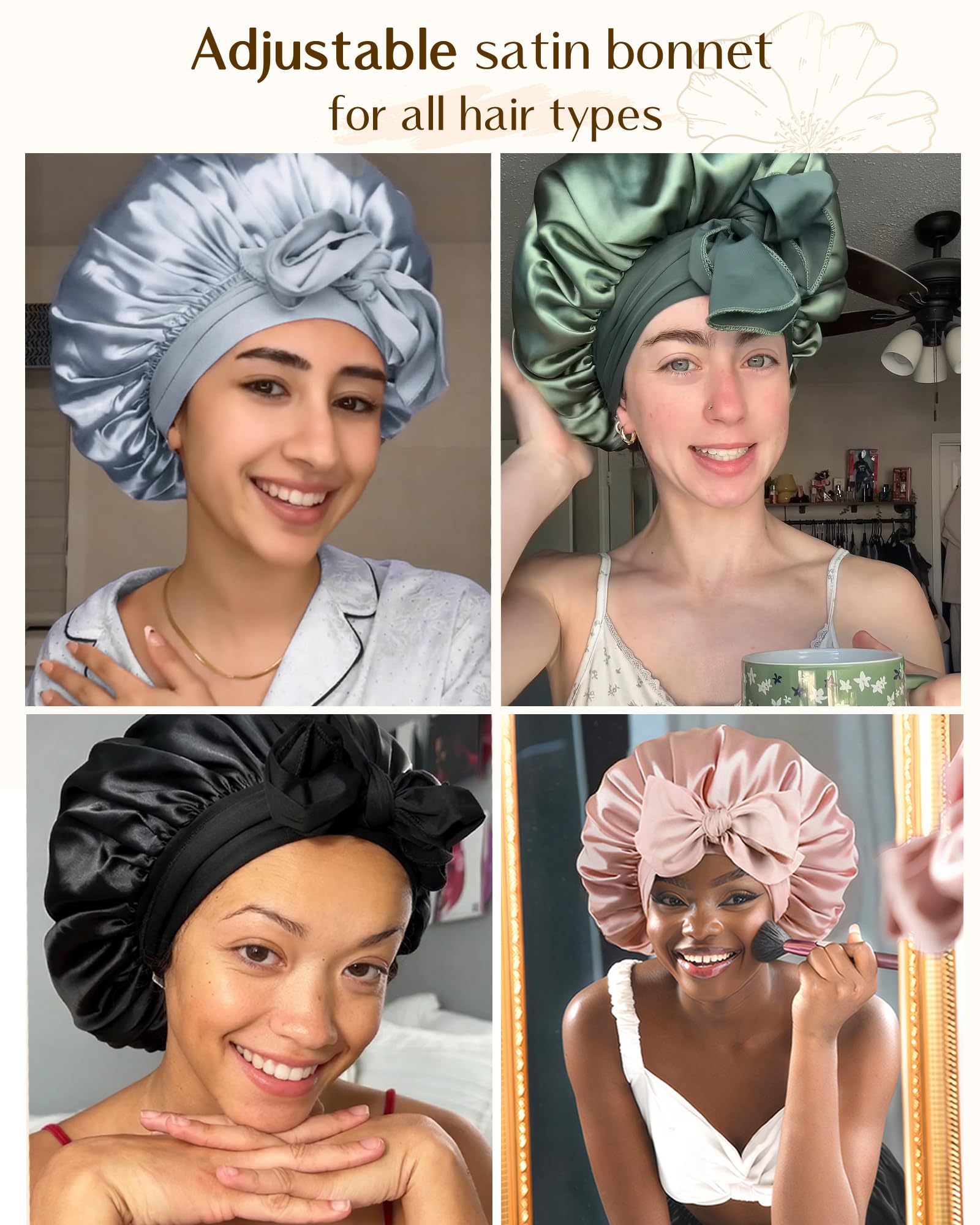YANIBEST Adjustable Satin Bonnet for Sleeping Women Double Layer Hair Wrap Reduce Friction Prevent Frizz Natural Curly Hair
