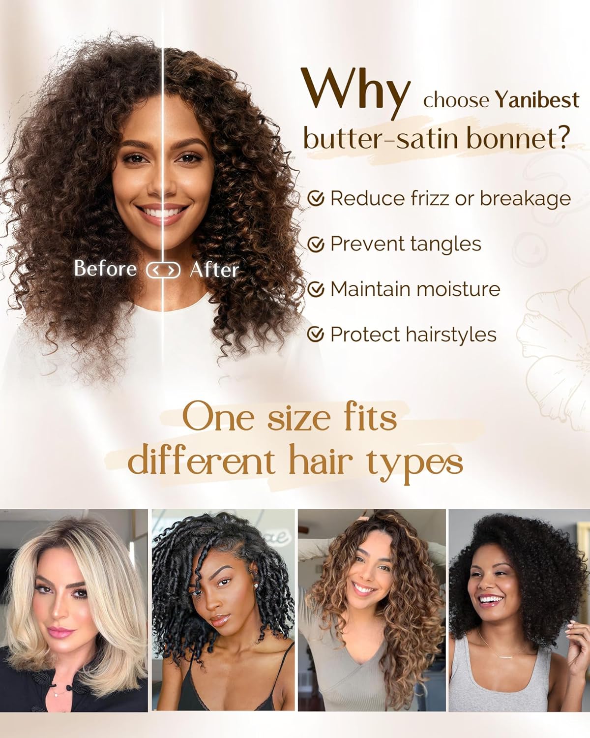 YANIBEST Adjustable Satin Bonnet for Sleeping Women Double Layer Hair Wrap Reduce Friction Prevent Frizz Natural Curly Hair