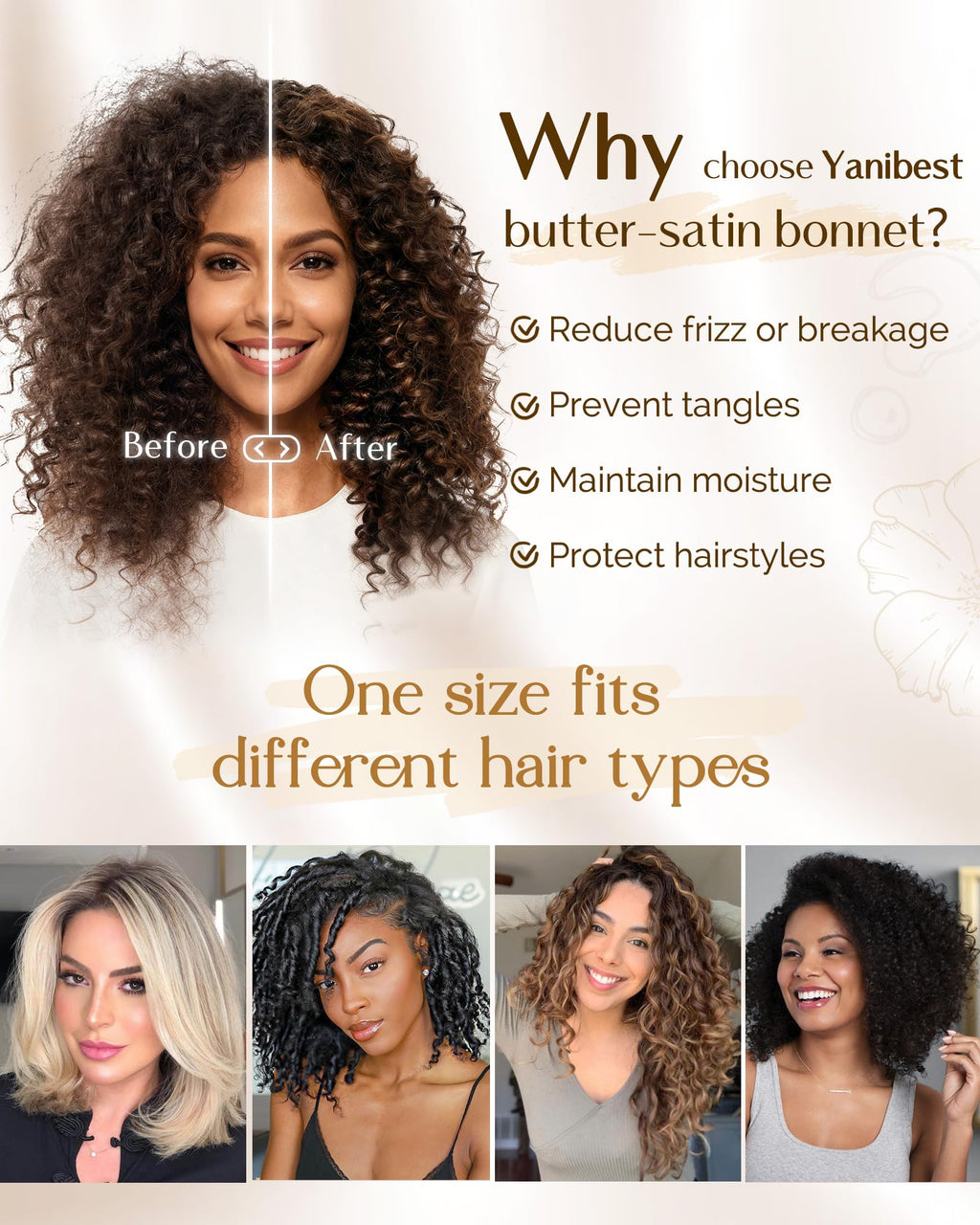 YANIBEST Adjustable Satin Bonnet for Sleeping Women Double Layer Hair Wrap Reduce Friction Prevent Frizz Natural Curly Hair
